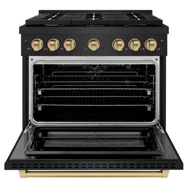 ZLINE Autograph Edition 36 in. 5.2 cu. ft. Paramount Gas Range with 6 Burner Cooktop and Convection Gas Oven in Black Stainless Steel and Champagne Bronze Accents, Open Box-Great Condition