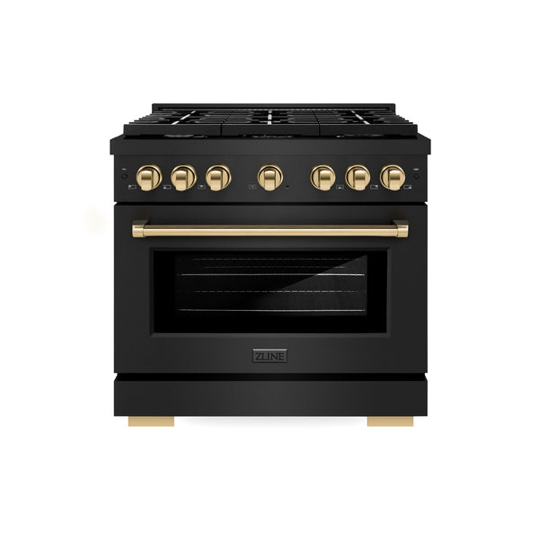 ZLINE Autograph Edition 36 in. 5.2 cu. ft. Paramount Gas Range with 6 Burner Cooktop and Convection Gas Oven in Black Stainless Steel and Polished Gold Accents, Open Box-Great Condition
