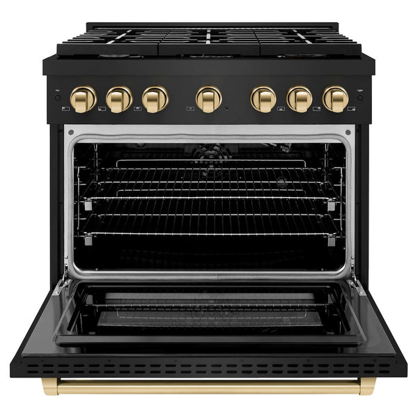 ZLINE Autograph Edition 36 in. 5.2 cu. ft. Paramount Gas Range with 6 Burner Cooktop and Convection Gas Oven in Black Stainless Steel and Polished Gold Accents, Open Box-Good Condition