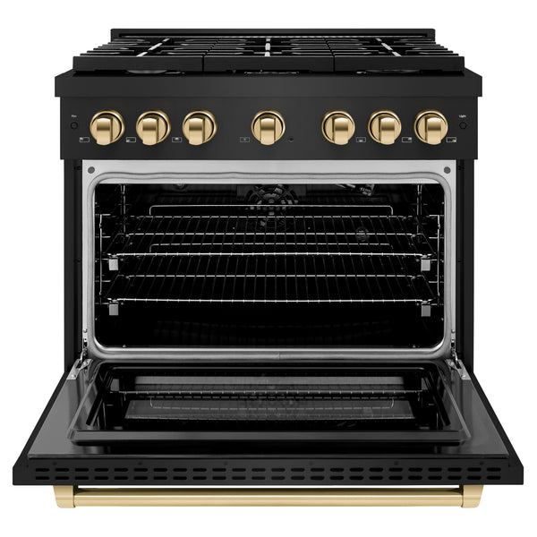 ZLINE Autograph Edition 36 in. 5.2 cu. ft. Paramount Gas Range with 6 Burner Cooktop and Convection Gas Oven in Black Stainless Steel and Polished Gold Accents, Open Box-Great Condition
