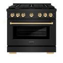 ZLINE Autograph Edition 36 in. 5.2 cu. ft. Paramount Gas Range with 6 Burner Cooktop and Convection Gas Oven in Black Stainless Steel and Polished Gold Accents, Open Box-Great Condition