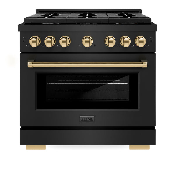 ZLINE Autograph Edition 36 in. 5.2 cu. ft. Paramount Gas Range with 6 Burner Cooktop and Convection Gas Oven in Black Stainless Steel and Polished Gold Accents, Open Box-Great Condition