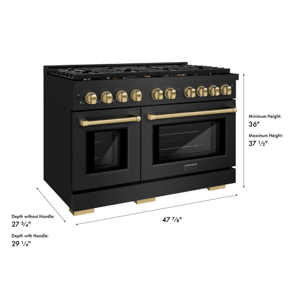 ZLINE Autograph Edition 48 in. 6.7 cu. ft. Paramount Double Oven Gas Range with 8 Burner Cooktop in Black Stainless Steel and Champagne Bronze Accents (SGRBZ-48-CB)