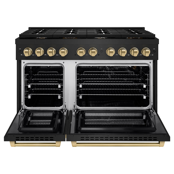 ZLINE Autograph Edition 48 in. 6.7 cu. ft. Paramount Double Oven Gas Range with 8 Burner Cooktop in Black Stainless Steel and Champagne Bronze Accents, Open Box-Good Condition