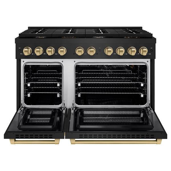 ZLINE Autograph Edition 48 in. 6.7 cu. ft. Paramount Double Oven Gas Range with 8 Burner Cooktop in Black Stainless Steel and Champagne Bronze Accents, Open Box-Great Condition