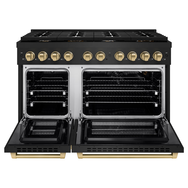 ZLINE Autograph Edition 48 in. 6.7 cu. ft. Paramount Double Oven Gas Range with 8 Burner Cooktop in Black Stainless Steel and Champagne Bronze Accents (SGRBZ-48-CB)