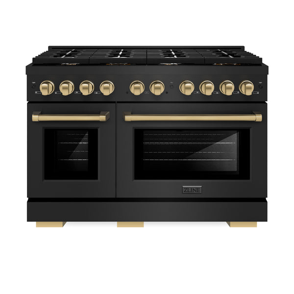 ZLINE Autograph Edition 48 in. 6.7 cu. ft. Paramount Double Oven Gas Range with 8 Burner Cooktop in Black Stainless Steel and Champagne Bronze Accents (SGRBZ-48-CB)