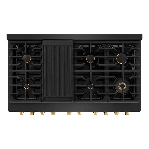 ZLINE Autograph Edition 48 in. 6.7 cu. ft. Paramount Double Oven Gas Range with 8 Burner Cooktop in Black Stainless Steel and Champagne Bronze Accents, Open Box-Great Condition