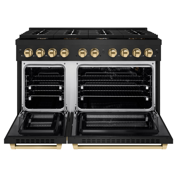 ZLINE Autograph Edition 48 in. 6.7 cu. ft. Paramount Double Oven Gas Range with 8 Burner Cooktop in Black Stainless Steel and Polished Gold Accents (SGRBZ-48-G)