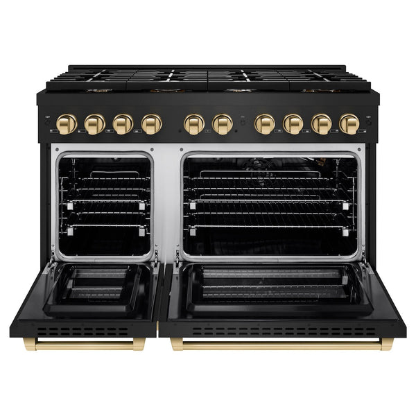 ZLINE Autograph Edition 48 in. 6.7 cu. ft. Paramount Double Oven Gas Range with 8 Burner Cooktop in Black Stainless Steel and Polished Gold Accents, Open Box-Good Condition