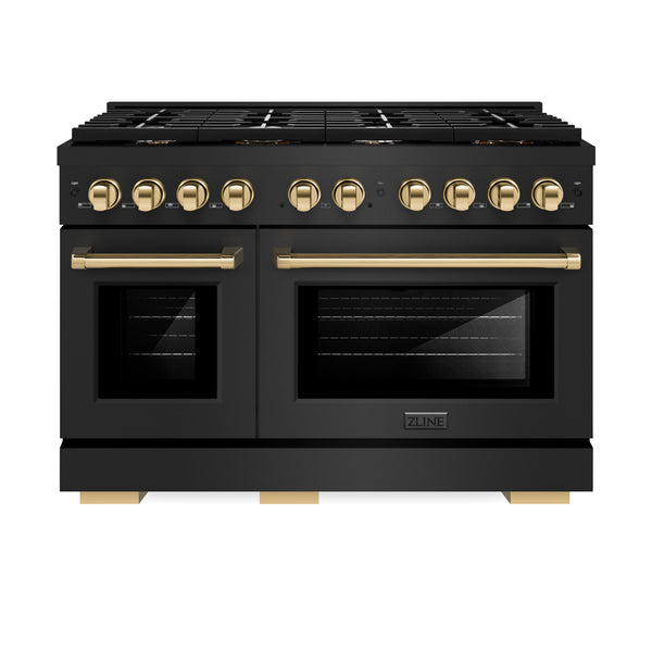 ZLINE Autograph Edition 48 in. 6.7 cu. ft. Paramount Double Oven Gas Range with 8 Burner Cooktop in Black Stainless Steel and Polished Gold Accents (SGRBZ-48-G)