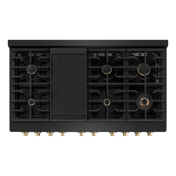 ZLINE Autograph Edition 48 in. 6.7 cu. ft. Paramount Double Oven Gas Range with 8 Burner Cooktop in Black Stainless Steel and Polished Gold Accents, Open Box-Great Condition