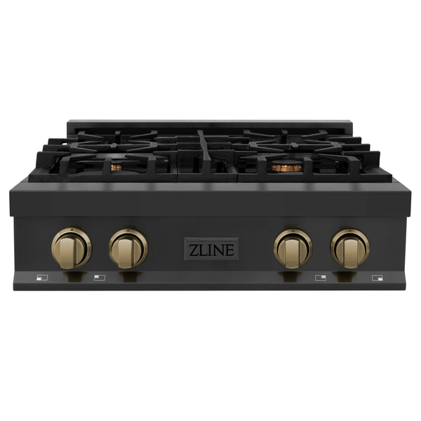 ZLINE Autograph Edition 30 in. Legacy Gas Rangetop with 4 Burners and Porcelain Cooktop in Black Stainless Steel with Champagne Bronze Accents (RTBZ-30-CB)