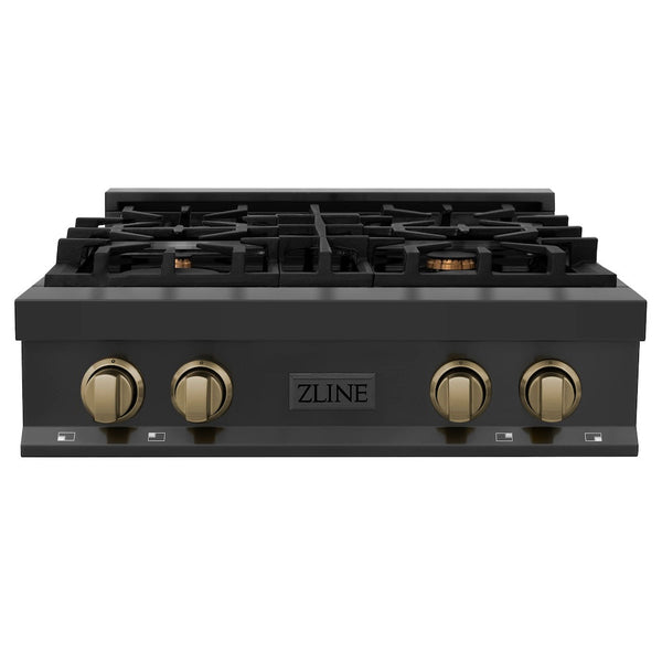 ZLINE Autograph Edition 30 in. Legacy Gas Rangetop with 4 Burners and Porcelain Cooktop in Black Stainless Steel with Champagne Bronze Accents, Open Box-Good Condition
