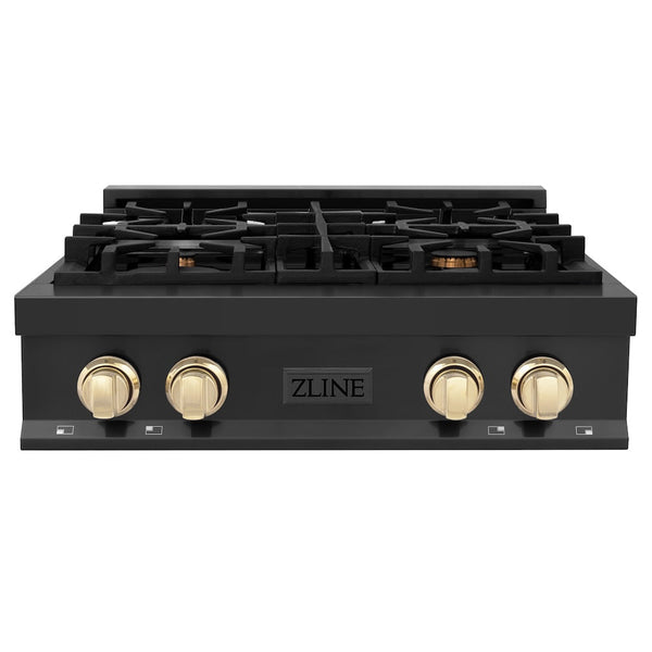 ZLINE Autograph Edition 30 in. Legacy Gas Rangetop with 4 Burners and Porcelain Cooktop in Black Stainless Steel with Polished Gold Accents, Open Box-Good Condition