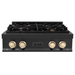 ZLINE Autograph Edition 30" Porcelain Rangetop with 4 Gas Burners in Black Stainless Steel and Polished Gold Accents (RTBZ-30-G)