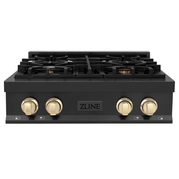 ZLINE Autograph Edition 30" Porcelain Rangetop with 4 Gas Burners in Black Stainless Steel and Polished Gold Accents (RTBZ-30-G)