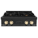 ZLINE Autograph Edition 30 in. Legacy Gas Rangetop with 4 Burners and Porcelain Cooktop in Black Stainless Steel with Polished Gold Accents, Open Box-Great Condition