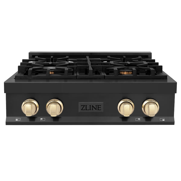 ZLINE Autograph Edition 30 in. Legacy Gas Rangetop with 4 Burners and Porcelain Cooktop in Black Stainless Steel with Polished Gold Accents, Open Box-Great Condition