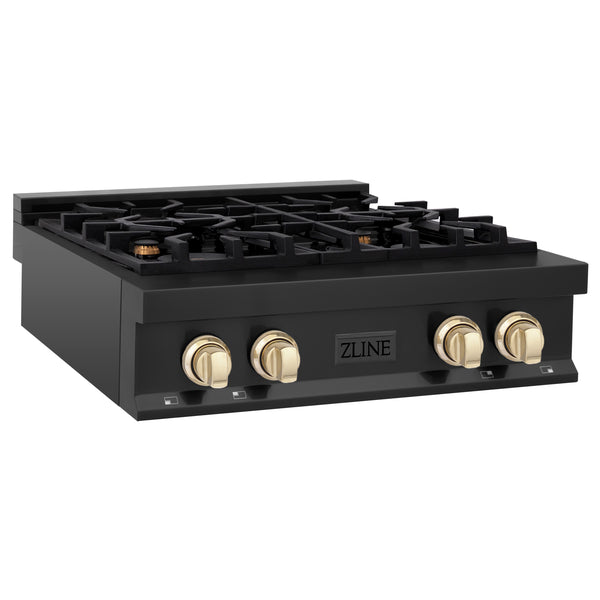 ZLINE Autograph Edition 30" Porcelain Rangetop with 4 Gas Burners in Black Stainless Steel and Polished Gold Accents (RTBZ-30-G)