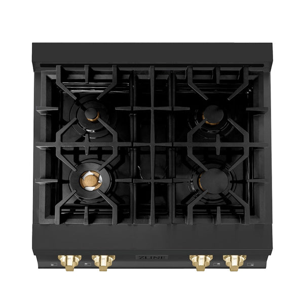 ZLINE Autograph Edition 30 in. Legacy Gas Rangetop with 4 Burners and Porcelain Cooktop in Black Stainless Steel with Polished Gold Accents, Open Box-Good Condition