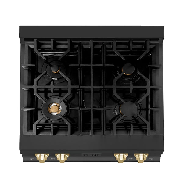 ZLINE Autograph Edition 30 in. Legacy Gas Rangetop with 4 Burners and Porcelain Cooktop in Black Stainless Steel with Polished Gold Accents, Open Box-Great Condition