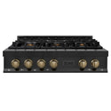 ZLINE Autograph Edition 36 in. Legacy Gas Rangetop with 6 Burners and Porcelain Cooktop in Black Stainless Steel with Champagne Bronze Accents, Open Box-Good Condition