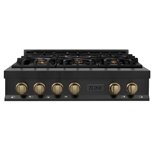 ZLINE Autograph Edition 36 in. Legacy Gas Rangetop with 6 Burners and Porcelain Cooktop in Black Stainless Steel with Champagne Bronze Accents, Open Box-Good Condition