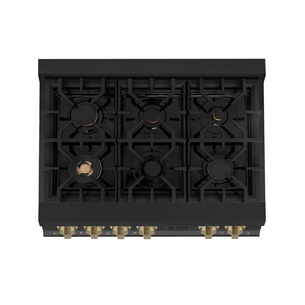 ZLINE Autograph Edition 36" Porcelain Rangetop with 6 Gas Burners in Black Stainless Steel and Champagne Bronze Accents (RTBZ-36-CB)