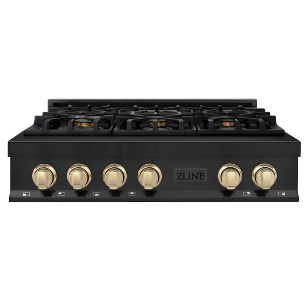 ZLINE Autograph Edition 36 in. Legacy Gas Rangetop with 6 Burners and Porcelain Cooktop in Black Stainless Steel with Polished Gold Accents, Open Box-Great Condition