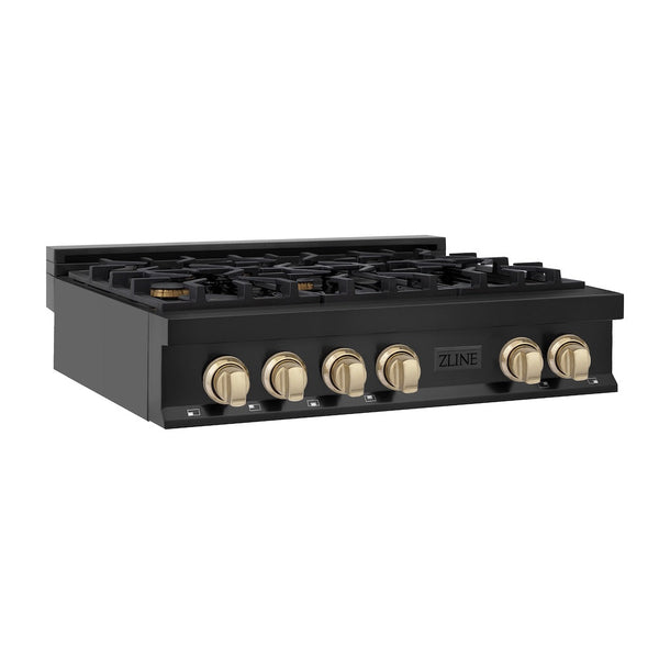 ZLINE Autograph Edition 36 in. Legacy Gas Rangetop with 6 Burners and Porcelain Cooktop in Black Stainless Steel with Polished Gold Accents, Open Box-Good Condition