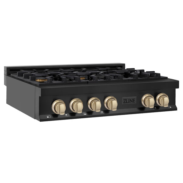 ZLINE Autograph Edition 36 in. Legacy Gas Rangetop with 6 Burners and Porcelain Cooktop in Black Stainless Steel with Polished Gold Accents, Open Box-Great Condition