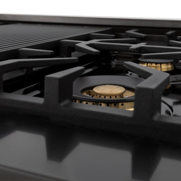 ZLINE Autograph Edition 48 in. Legacy Gas Rangetop with 7 Burners and Porcelain Cooktop in Black Stainless Steel with Champagne Bronze Accents, Open Box-Good Condition