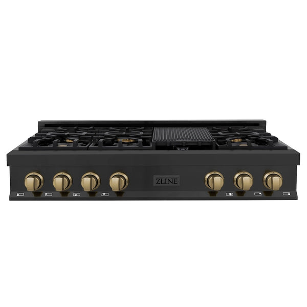 ZLINE Autograph Edition 48 in. Legacy Gas Rangetop with 7 Burners and Porcelain Cooktop in Black Stainless Steel with Champagne Bronze Accents, Open Box-Good Condition