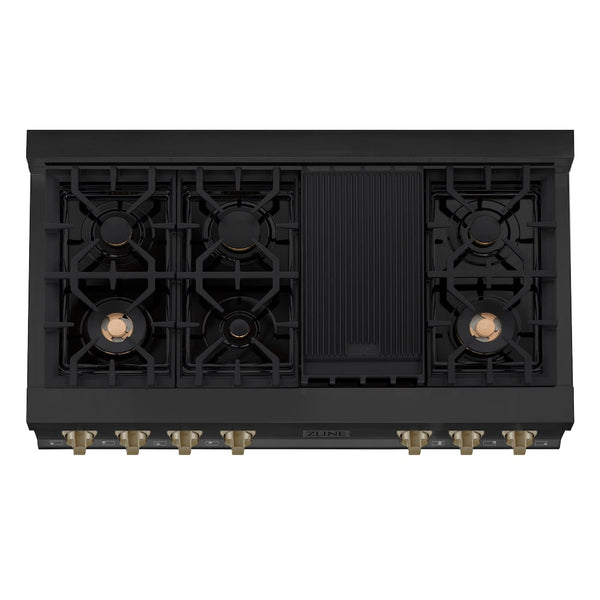 ZLINE Autograph Edition 48 in. Legacy Gas Rangetop with 7 Burners and Porcelain Cooktop in Black Stainless Steel with Champagne Bronze Accents, Open Box-Good Condition