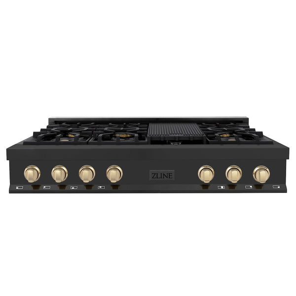 ZLINE Autograph Edition 48 in. Legacy Gas Rangetop with 7 Burners and Porcelain Cooktop in Black Stainless Steel with Polished Gold Accents, Open Box-Good Condition