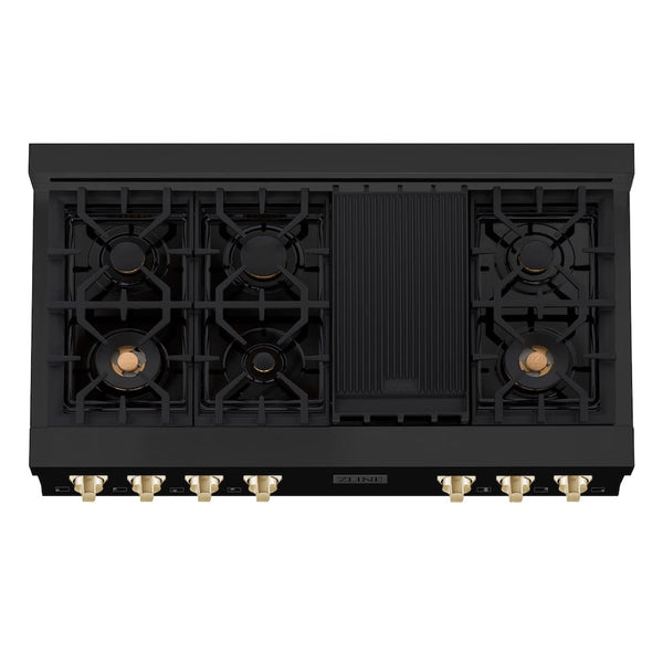 ZLINE Autograph Edition 48 in. Legacy Gas Rangetop with 7 Burners and Porcelain Cooktop in Black Stainless Steel with Polished Gold Accents, Open Box-Good Condition