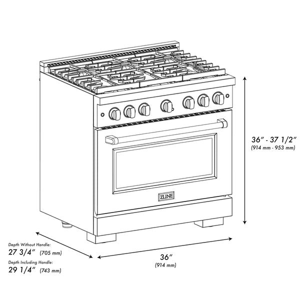 ZLINE Autograph Edition 36 in. 5.2 cu. ft. Paramount Dual Fuel Range with 6 Burner Gas Cooktop and Electric Convection Oven in DuraSnow® Stainless Steel with Black Matte Door and Champagne Bronze Accents (SDRSZ-BLM-36-CB)