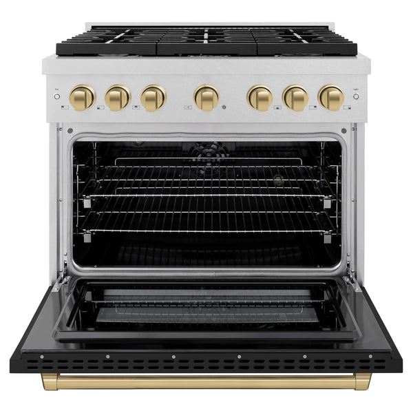 ZLINE Autograph Edition 36 in. 5.2 cu. ft. Paramount Dual Fuel Range with 6 Burner Gas Cooktop and Electric Convection Oven in DuraSnow® Stainless Steel with Black Matte Door and Polished Gold Accents (SDRSZ-BLM-36-G)