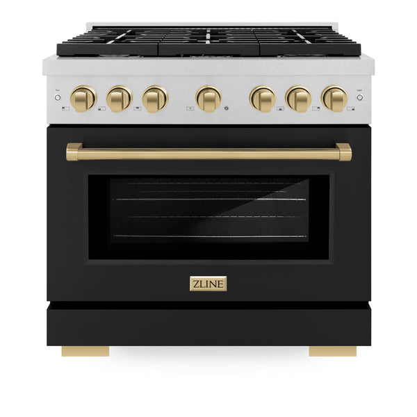 ZLINE Autograph Edition 36 in. 5.2 cu. ft. Paramount Dual Fuel Range with 6 Burner Gas Cooktop and Electric Convection Oven in DuraSnow® Stainless Steel with Black Matte Door and Polished Gold Accents (SDRSZ-BLM-36-G)