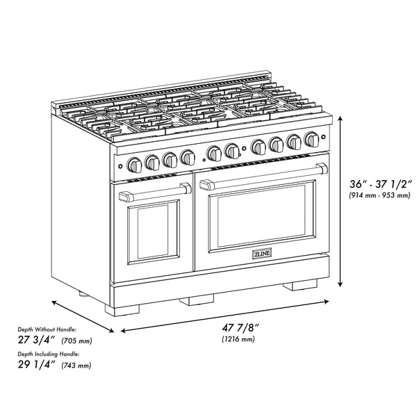 ZLINE Autograph Edition 48 in. 6.7 cu. ft. Paramount Double Oven Dual Fuel Range with 8 Burner Gas Cooktop in DuraSnow® Stainless Steel with Black Matte Door and Champagne Bronze Accents (SDRSZ-BLM-48-CB)