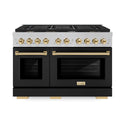 ZLINE Autograph Edition 48 in. 6.7 cu. ft. Paramount Double Oven Dual Fuel Range with 8 Burner Gas Cooktop in DuraSnow® Stainless Steel with Black Matte Door and Polished Gold Accents (SDRSZ-BLM-48-G)