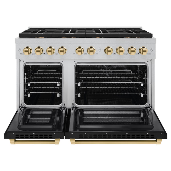 ZLINE Autograph Edition 48 in. 6.7 cu. ft. Paramount Double Oven Dual Fuel Range with 8 Burner Gas Cooktop in DuraSnow® Stainless Steel with Black Matte Door and Polished Gold Accents (SDRSZ-BLM-48-G)