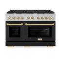 ZLINE Autograph Edition 48 in. 6.7 cu. ft. Paramount Double Oven Dual Fuel Range with 8 Burner Gas Cooktop in DuraSnow® Stainless Steel with Black Matte Door and Polished Gold Accents (SDRSZ-BLM-48-G)