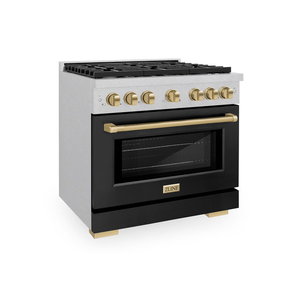 ZLINE Autograph Edition 36 in. 5.2 cu. ft. Paramount Gas Range with 6 Burner Cooktop and Convection Gas Oven in DuraSnow® Stainless Steel with Black Matte Door and Champagne Bronze Accents (SGRSZ-BLM-36-CB)