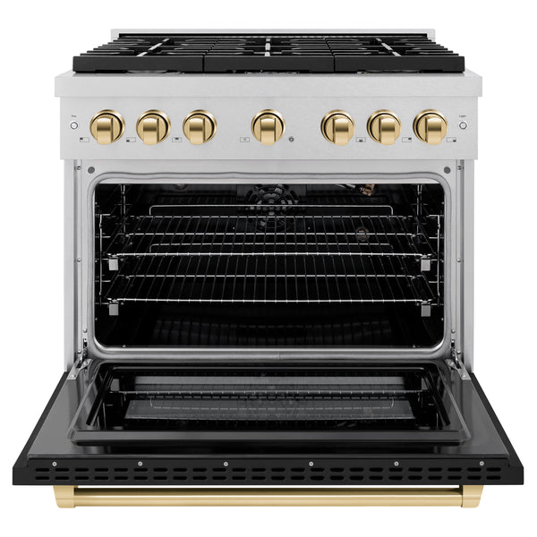 ZLINE Autograph Edition 36 in. 5.2 cu. ft. Paramount Gas Range with 6 Burner Cooktop and Convection Gas Oven in DuraSnow® Stainless Steel with Black Matte Door and Polished Gold Accents (SGRSZ-BLM-36-G)