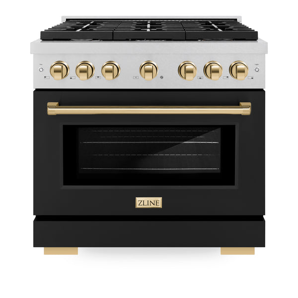 ZLINE Autograph Edition 36 in. 5.2 cu. ft. Paramount Gas Range with 6 Burner Cooktop and Convection Gas Oven in DuraSnow® Stainless Steel with Black Matte Door and Polished Gold Accents (SGRSZ-BLM-36-G)