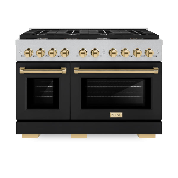 ZLINE Autograph Edition 48 in. 6.7 cu. ft. Paramount Double Oven Gas Range with 8 Burner Cooktop in DuraSnow® Stainless Steel with Black Matte Doors and Polished Gold Accents (SGRSZ-BLM-48-G)