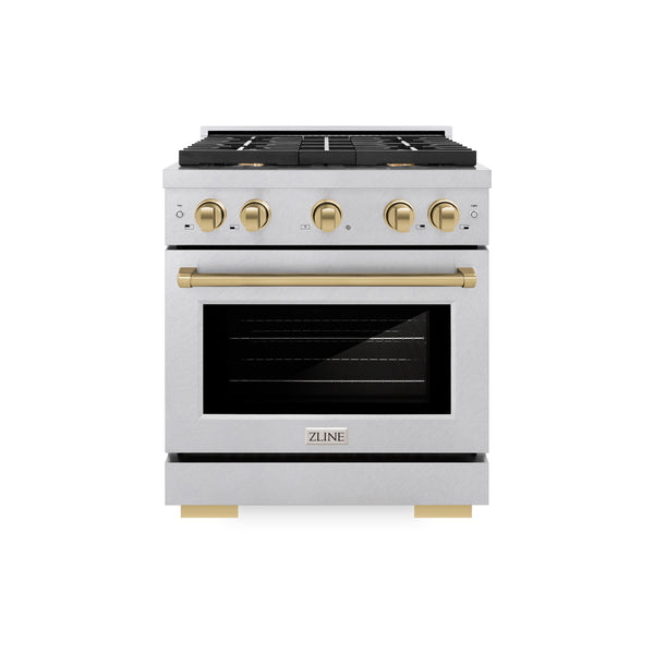 ZLINE Autograph Edition 30 in. 4.2 cu. ft. Paramount Dual Fuel Range with 4 Burner Gas Cooktop and Electric Convection Oven in DuraSnow® Stainless Steel with Champagne Bronze Accents (SDRSZ-30-CB)