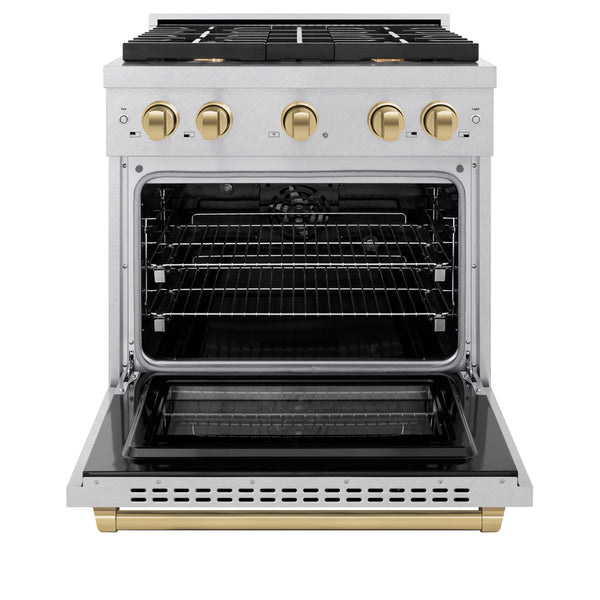 ZLINE Autograph Edition 30 in. 4.2 cu. ft. Paramount Dual Fuel Range with 4 Burner Gas Cooktop and Electric Convection Oven in DuraSnow® Stainless Steel with Champagne Bronze Accents (SDRSZ-30-CB)